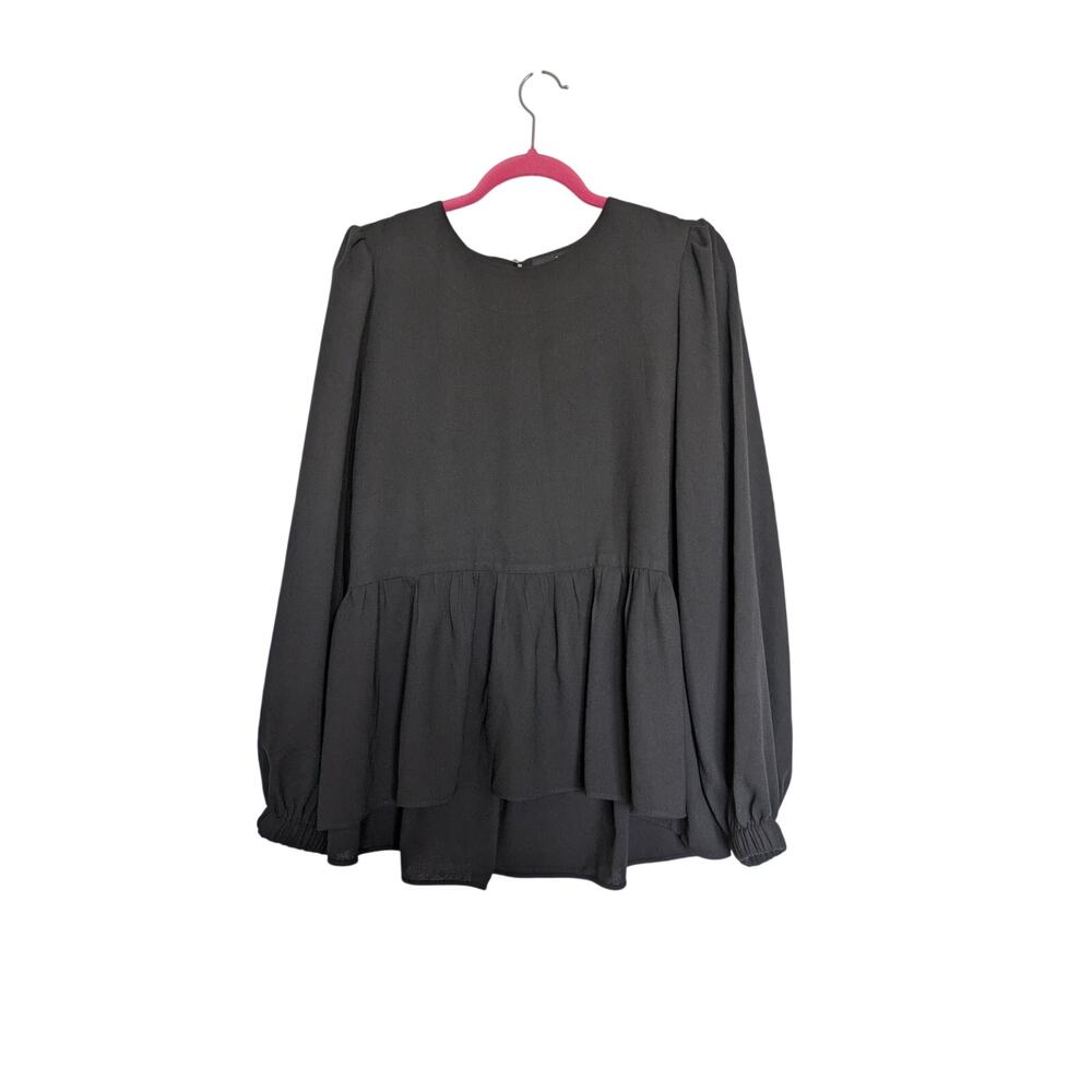 Pomander Place Carlota Peplum Blouse Women L Black Career Work Minimalist Preppy
